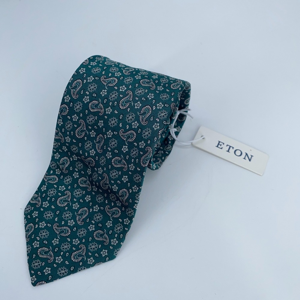 Eton Tie Men One Size Green White Paisley Silk Luxury Necktie Italy Made NWT